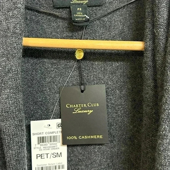 Charter Club Luxury Open Front Cashmere Cardigan Sweater Gray Small Petite NWT - Picture 4 of 8